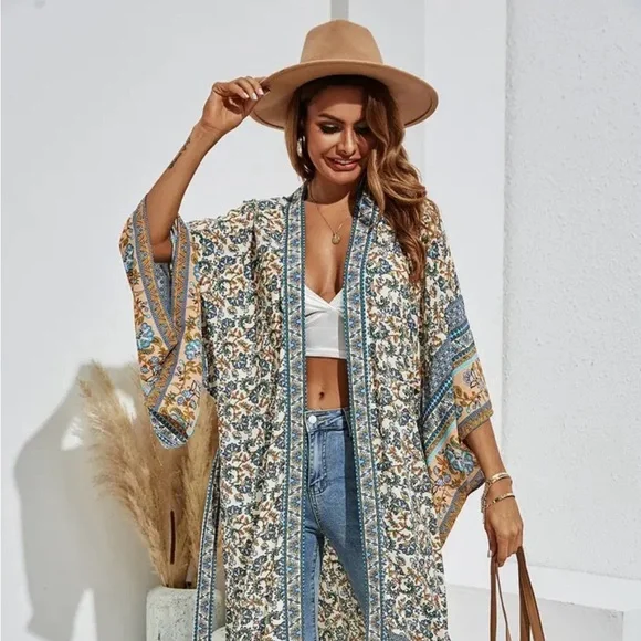 WORLD MARKET Floral Kimono with Blue and Tan Accents - Picture 6 of 17